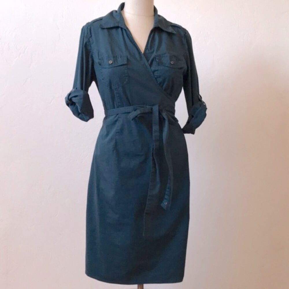 Converse Teal Blue Front Wrap 3/4 Button Tie Sleeves Utility Career Dress M